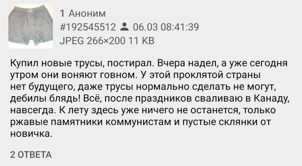 ТАноним #192545512 06.03 08:41:39 JPEG 11 Купил новые трусы, постирал. Вчера надел, а уже сегодня утром они воняют говном. У этой проклятой страны нет будущего, даже трусы нормально сделать не могут, 