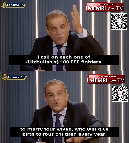 LebanonOn TRANSLATED call on each one of (Hizbullah's) 100,000 fighters LebanonOn TRANSLATED {MEMRI to marry four wives, who will give birth to four children every year.