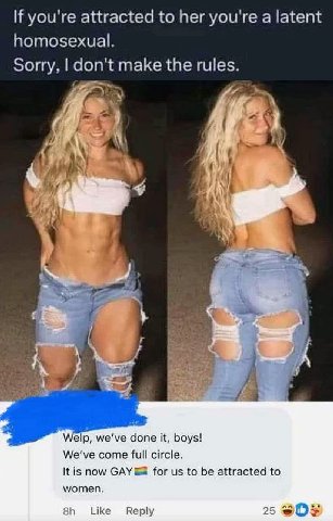 you're attracted to her you're a latent homosexual. Sorry, don't make the rules. A i at it А 4 мер, we've done it, boys! We've come full circle. К now for to be attracted to women. Like Reply 25