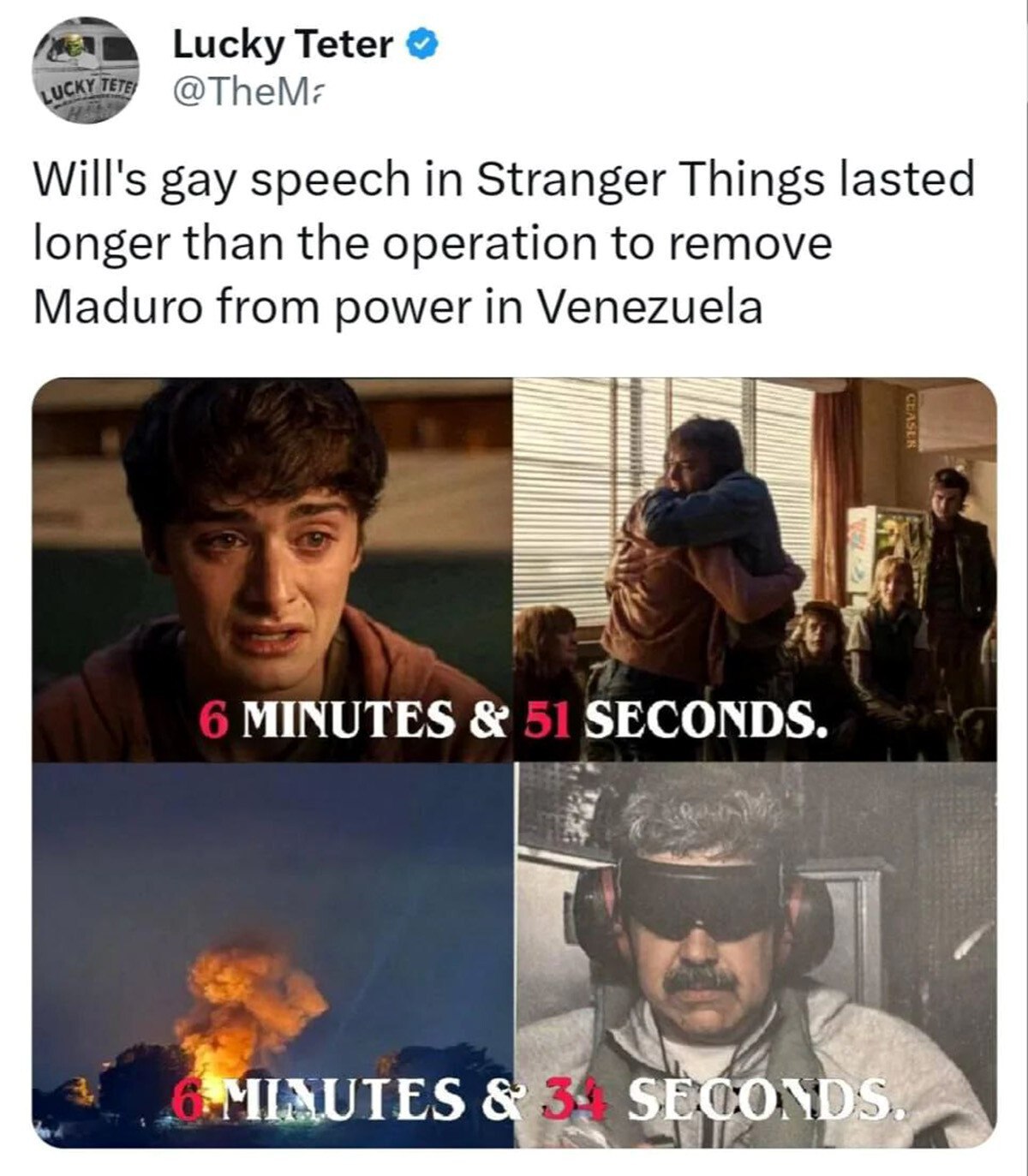 Lucky Teter Will's gay speech in Stranger Things lasted longer than the operation to remove Maduro from power in Venezuela MINUTES 51 SECONDS. SECONDS?