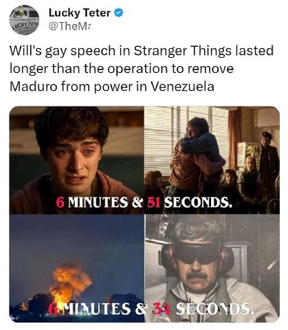 Lucky Teter Will's gay speech in Stranger Things lasted longer than the operation to remove Maduro from power in Venezuela MINUTES 51 SECONDS. SECONDS?