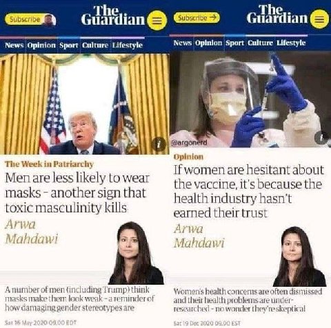 The Subscribe Guard Guardian@ News Opinion Sport Culture Lifestyle News Sport Culture Lifestyle a Opinion The Week in Patriarchy If women are hesitant about Men are less likely to wear the vaccine, it