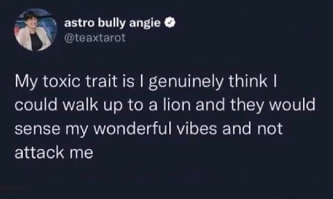 astro bully angie @teaxtarot My toxic trait is genuinely think could walk up to a lion and they would sense my wonderful vibes and not attack me