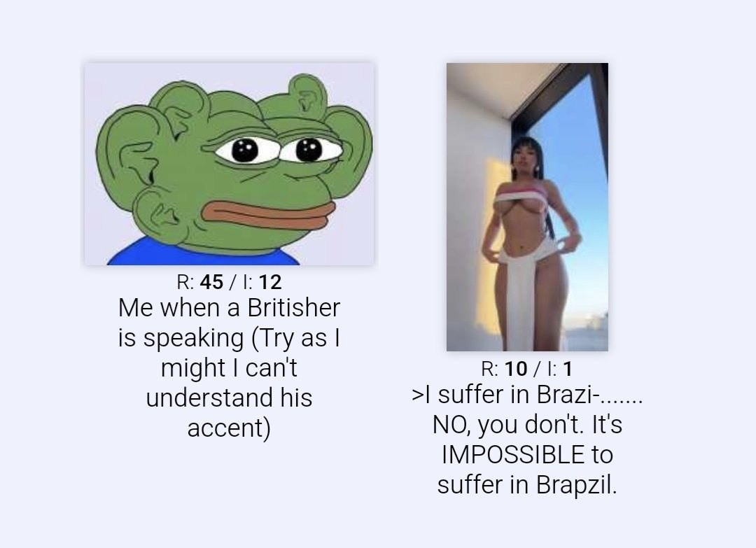 А В: 45 when а Britisher is speaking (Try as might cant understand his suffer in BraZi-....... accent) NO, you don't. It's IMPOSSIBLE to suffer in Brapzil.