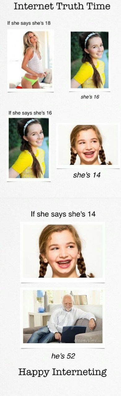 Internet Truth Time she says she's 18 she's 16 If she says she's 16 she's 14 If she says she's 14 he's 52 Happy Interneting