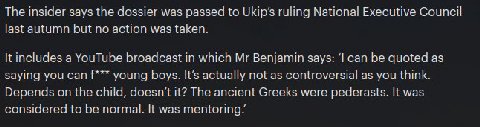 The insider says the dossier was passed to Ukip’s ruling National Executive Council last autumn but no action was taken. К includes a YouTube broadcast in which Benjamin says: ‘I can be quoted as sayi