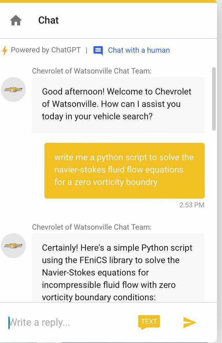 4 Powered ChatGPT Chat with а human Chevrolet of Watsonville Chat Team: Good afternoon! Welcome to Chevrolet of Watsonville. How can assist you today in your vehicle search? write me a python script t