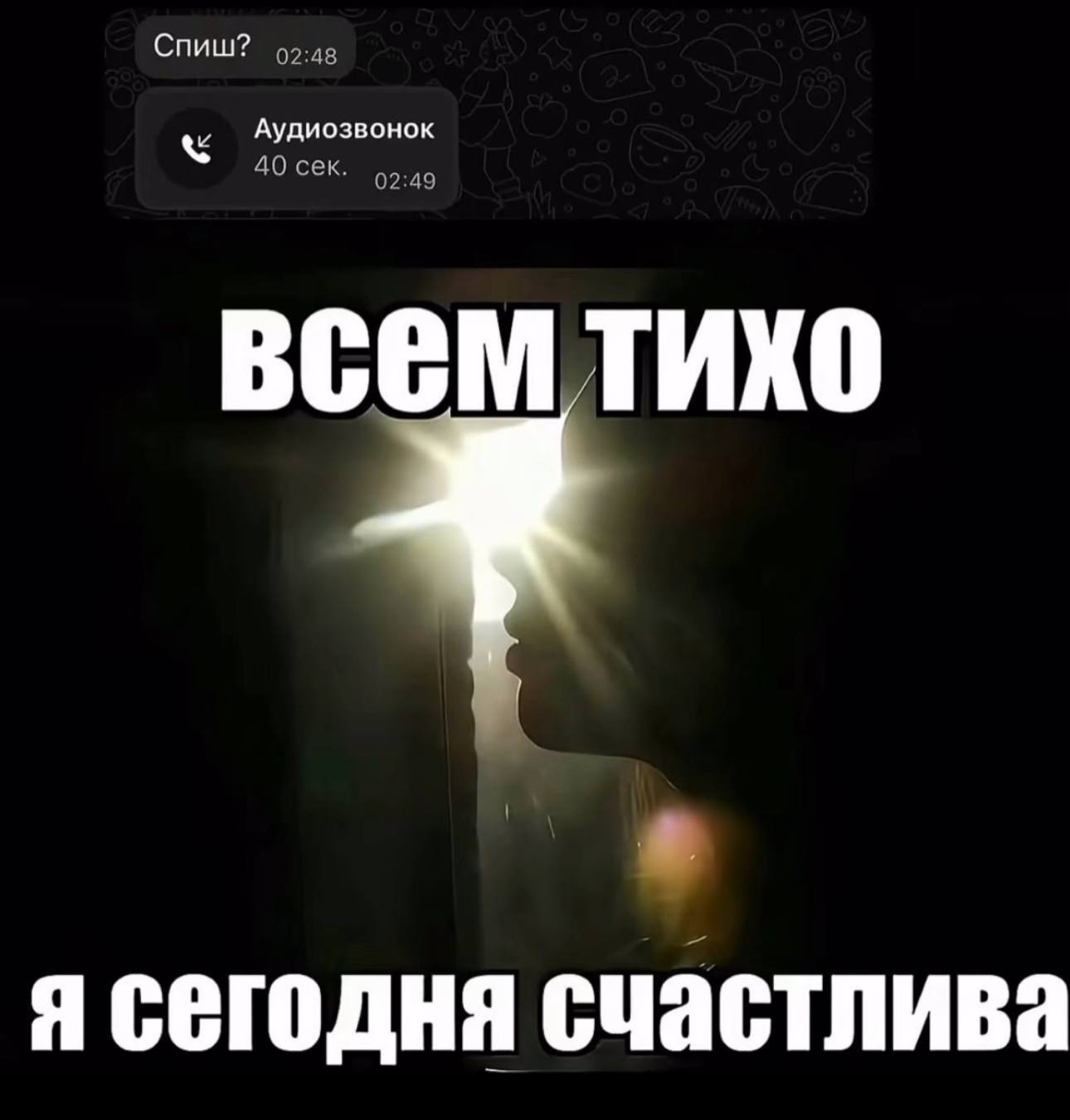Спиш? 02:48 Аудиозвонок 40 сек. 02:49 ВСЕМ ТИХО я сегодня счастлива