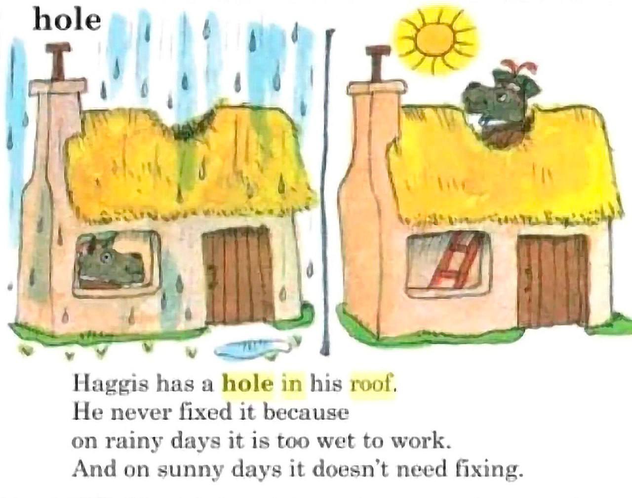 hole at у Haggis has a hole in his roof. He never fixed it because on rainy days it is too wet to work. And on sunny days it doesn’t need fixing.