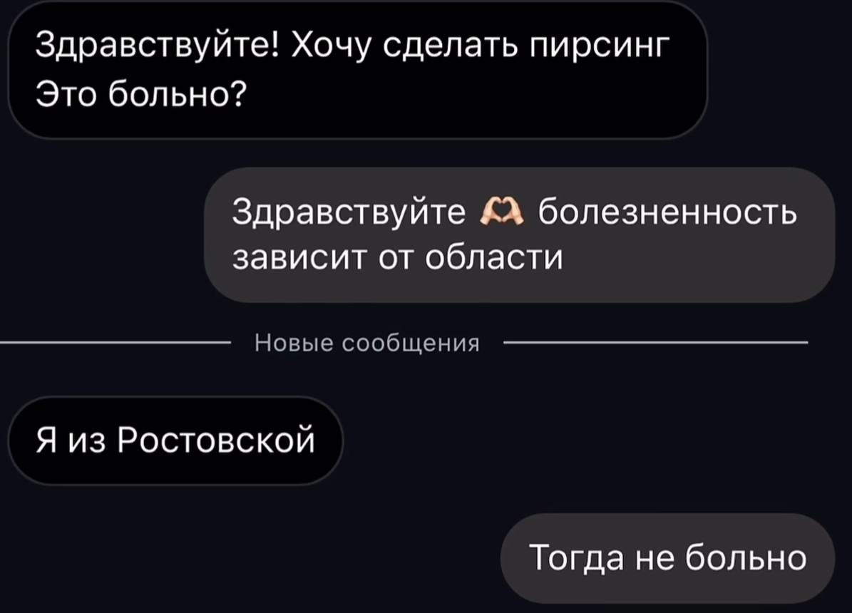 Здравствуйте! Хочу сделать пирсинг Это больно? Здравствуйте болезненность зависит от области Новые сообщения Я из Ростовской Тогда не больно