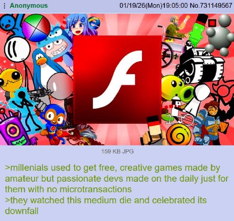 Anonymous 01/19/26(Mon)19:05:00 No.731149567 4 a 159 JPG >millenials used to get free, creative games made amateur but passionate devs made on the daily just for them with no microtransactions >they w
