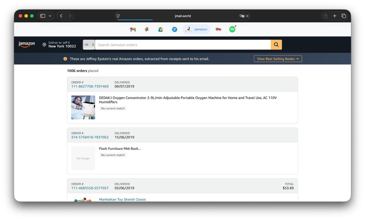 jmail.world с Jamazon 6 jamazon New York 10022 These are Jeffrey Epstein's real Amazon orders, extracted from receipts sent to his email. у Best Selling Books 1006 orders placed ORDER DELIVERED 111-86
