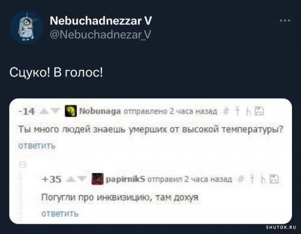 Nebuchadnezzar @Nebuchadnezar Сцуко! В голос! -14 Nobunaga отправлено 2 часа назад Ты много людей знаешь умерших от высокой температуры? +35 papirniks тправил 2 часа назад Погугли про инквизицию, там 