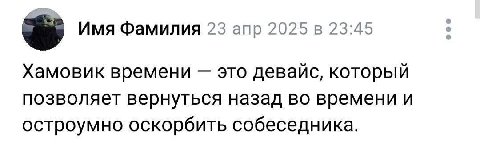 Имя Фамилия 23 апр 2025 в 23:45 Хамовик времени это девайс, который позволяет вернуться назад во времени и остроумно оскорбить собеседника.