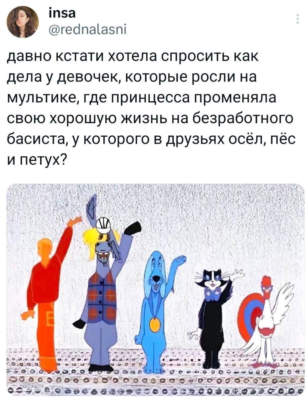 @rednalasni давно кстати хотела спросить как делау девочек, которые росли на мультике, где принцесса променяла свою хорошую жизнь на безработного басиста, у которого в друзьях осёл, пёс и петух? a5 65
