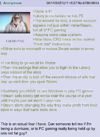 Anonymous 06/14/24(Fri)11:16:27 No.679649543 >Gabe is 61 >Likely to die before he hits 75 >The second he dies, a power vacuum appears not just within Valve/Steam, but all of gaming >Assume worst case 