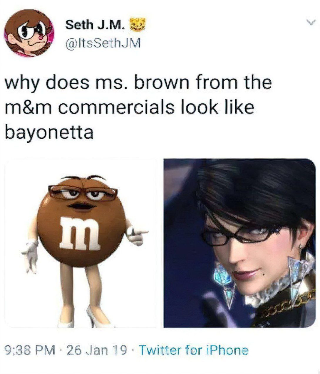 Seth @ltsSethJM why does brown from the commercials look like bayonetta у 9:38 26 Jan 19 Twitter for iPhone