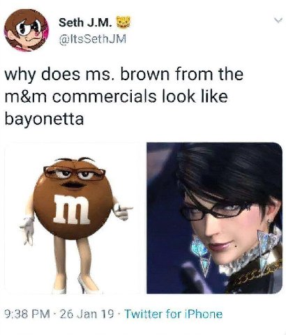 Seth @ltsSethJM why does brown from the commercials look like bayonetta у 9:38 26 Jan 19 Twitter for iPhone