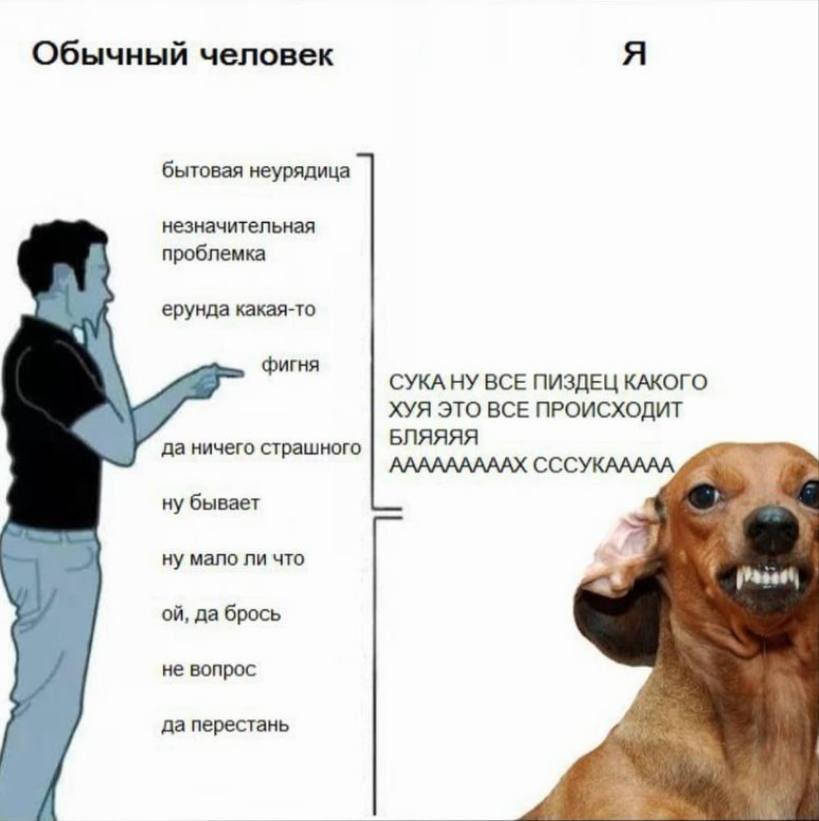Обычный человек бытовая неурядица незначительная проблемка ерунда какая-то фигня ВСЕ ПИЗДЕЦ КАКОГО ХУЯ ЭТО ВСЕ ПРОИСХОДИТ да ничего страшного БЛЯЯЯЯ АААААААААХ СССУКААААА ну бывает ну мало ли что да б