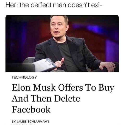 Her: the perfect man doesn't exi- TECHNOLOGY Elon Musk Offers To Buy And Then Delete Facebook JAMES SCHLARMANN