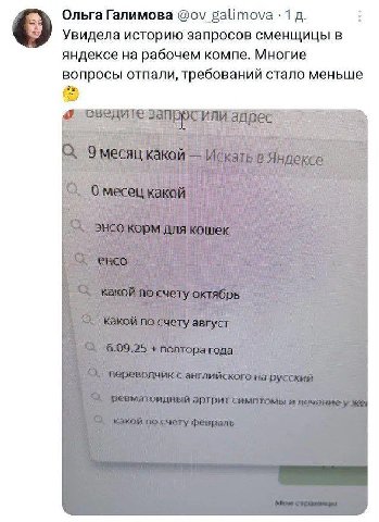 Ольга Галимова galimova 1 Увидела историю запросов сменщицы в яндексе на рабочем компе. Многие вопросы отпали, требований стало меньше