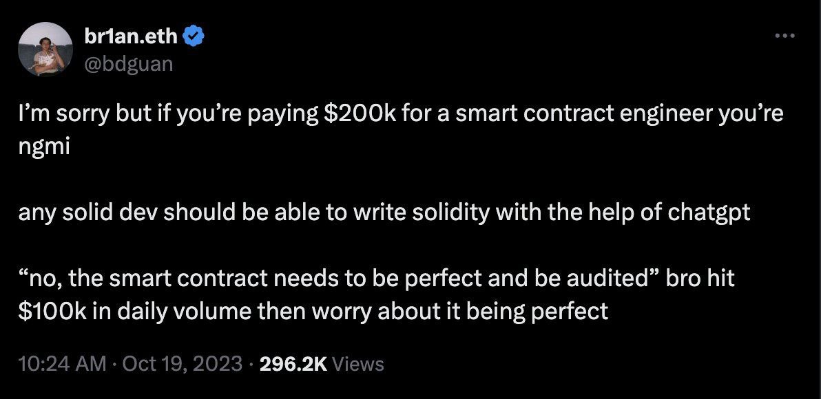 sorry but if you’re paying for a smart contract engineer you’re ngmi any solid dev should be able to write solidity with the help of chatgpt “no, the smart contract needs to be perfect and be audited”