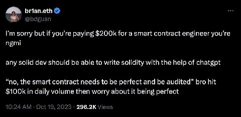 sorry but if you’re paying for a smart contract engineer you’re ngmi any solid dev should be able to write solidity with the help of chatgpt “no, the smart contract needs to be perfect and be audited”