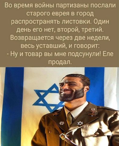 Во время войны партизаны послали старого еврея в город распространять листовки. Один день его нет, второй, третий. Возвращается через две недели, весь уставший, и говорит: Ну и товар вы мне подсунули!