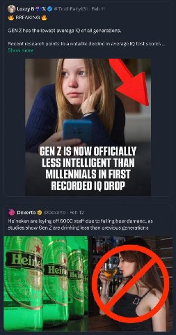 @TruthFairy131 Feb 11 BREAKING СЕМ 7 has the lowest average of all generations. Recent research points to a notable decline in average test scores Show more GEN NOW OFFICIALLY LESS INTELLIGENT THAN MI