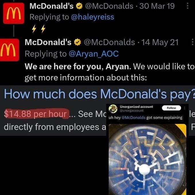 McDonald's @McDonalds 30 Mar 19 Replying to @haleyreiss McDonald's @McDonalds 14 Мау 21 Replying to @Aryan_AOC We are here for you, Aryan. We would like to get more information about this How much doe