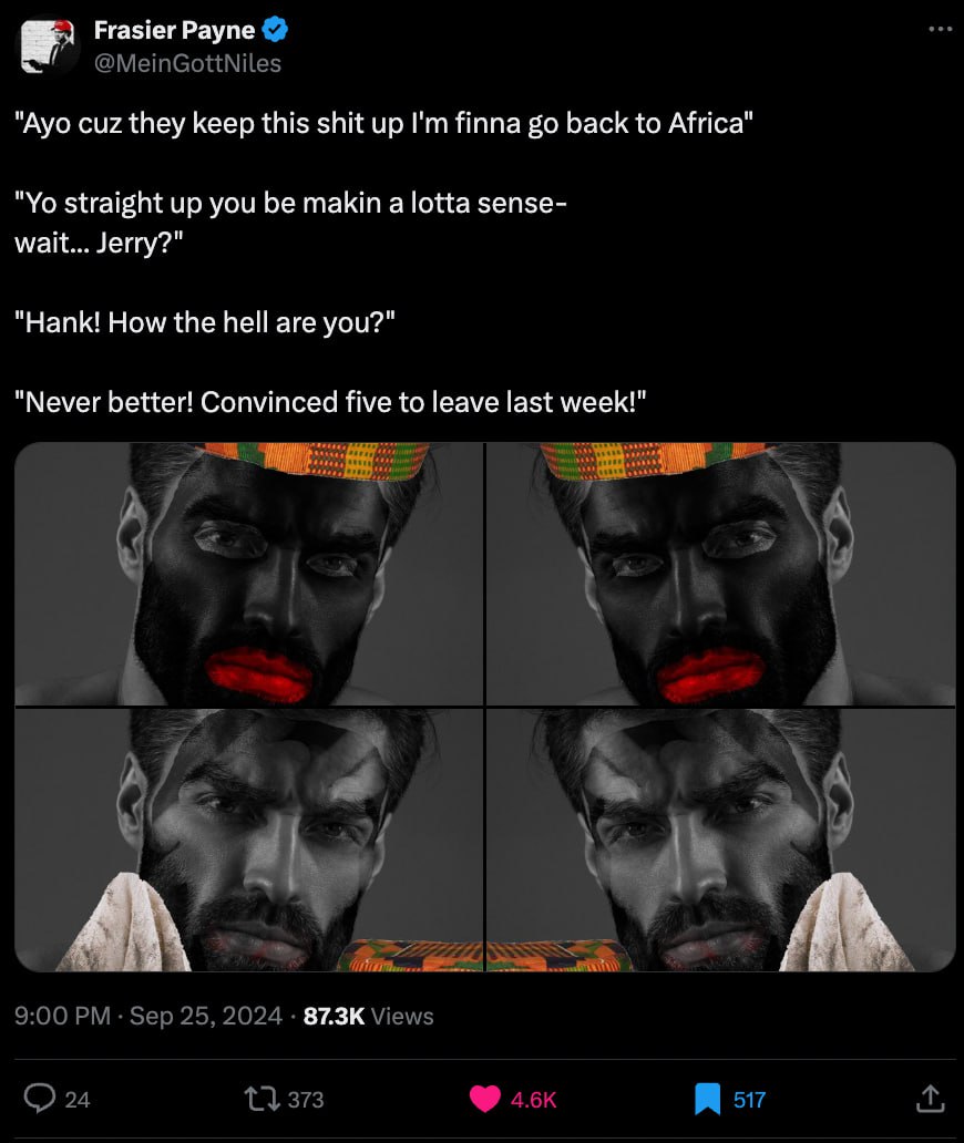 “4 Frasier Payne "Ayo cuz they keep this shit up Иппа back to Africa straight up you be makin a lotta sense- wait... Jerry?" “Hank! How the hell are you?" "Never better! Convinced five to leave last w