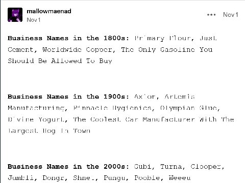 mallowmaenad Nov 1 Nov 1 Business Names in the Primary Flour, Just Cement, Worldwide Copper, The Only Gasoline You Should Be Allowed To Buy Business Names in the Axiom, Artemis Manufacturing, Pinnacle