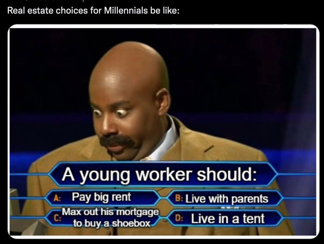 Real estate choices for Millennials be like: A young worker should: Pay big rent Live with parents Мах out his mortgage Live ina tent to buy a shoebox