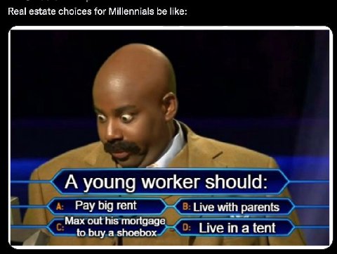 Real estate choices for Millennials be like: A young worker should: Pay big rent Live with parents Мах out his mortgage Live ina tent to buy a shoebox
