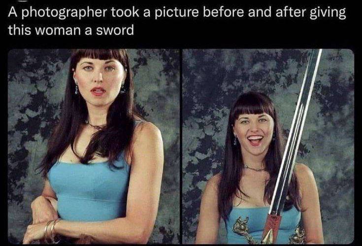 А photographer took a picture before and after giving this woman a sword