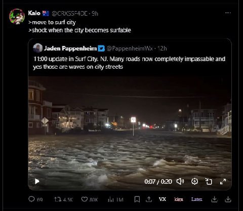 move to surf city >shock when the city becomes surfable Jaden Pappenheim 11:00 update in Surf City, Many roads now completely impassable and yes those are waves on city streets в. у 007/020)