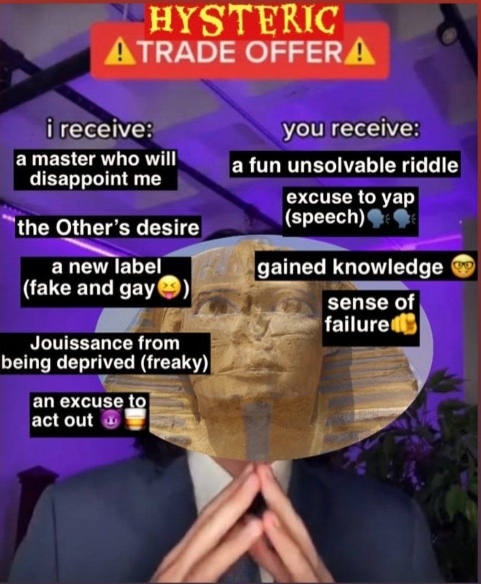 HYSTERIC TRADE OFFER you receive: a master who will a fun unsolvable riddle disappoint me excuse to yap (speech) “the Other’s a new label gained knowledge (fake and gay sense of Jouissance from being 