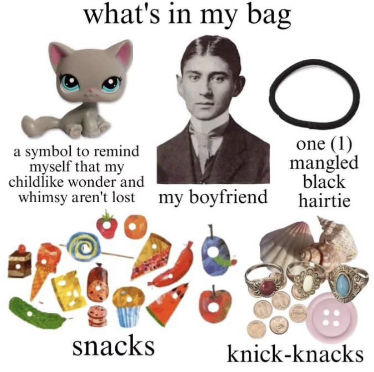 what's in my bag a symbol to remind опе (1) myself that my mangled childlike wonder and black whimsy aren't lost my boyfriend hairtie Snacks knick-knacks