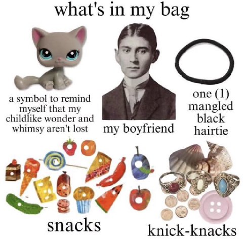 what's in my bag a symbol to remind опе (1) myself that my mangled childlike wonder and black whimsy aren't lost my boyfriend hairtie Snacks knick-knacks