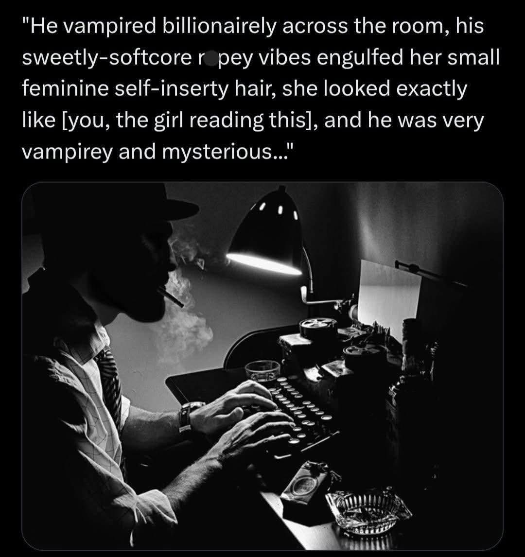 "Не vampired billionairely across the room, his sweetly-softcore pey vibes engulfed her small feminine self-inserty hair, she looked exactly like [you, the girl reading this], and he was very vampirey