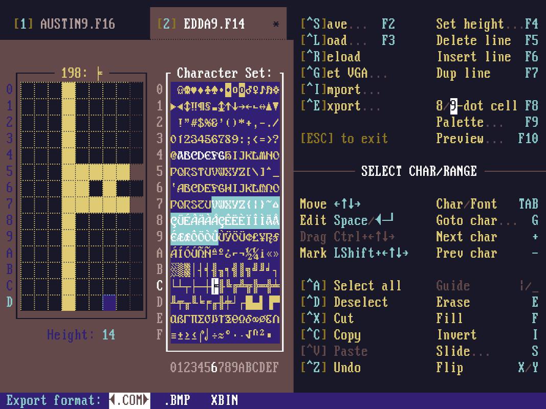 [11 EDDAS.F14 ave set height oad Delete line eload Insert line 198: Character Set: VGA Dup line rns mport xport 8/-40% cell Palette [ESC] to exit Preview 1*_ SELECT CHAR/RANGE Move +1]+ Char /Font TAB
