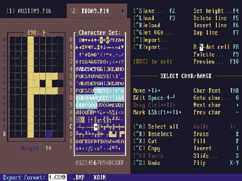 [11 EDDAS.F14 ave set height oad Delete line eload Insert line 198: Character Set: VGA Dup line rns mport xport 8/-40% cell Palette [ESC] to exit Preview 1*_ SELECT CHAR/RANGE Move +1]+ Char /Font TAB