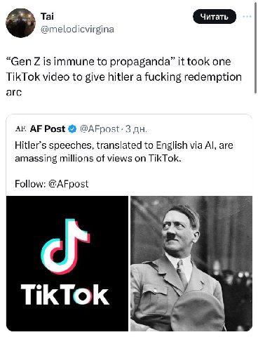 Tai @melodicvirgina “Gen is immune to propaganda” it took one TikTok video to give hitler a fucking redemption arc Post @AFpost: 3 Hitler’s speeches, translated to English via are amassing millions of