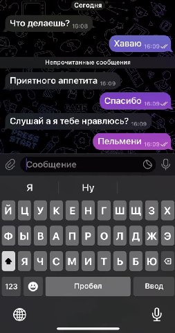 ть делаешь? „с-оз Что делаешь? „воз «Спасибо» Спасибки A ® @ о ичемитЬбюс< Непрочитанные сообщения Приятного аппетита 1с:оэ @ Гообщение ьо @ Пельмени © © - ЯНЕМИШЕбЮ < Спасибо ео и Слушай ая тебе нрав