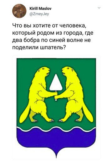 Kirill Maslov @ZmeyJey Что вы хотите от человека, который родом из города, где два бобра по синей волне не поделили шпатель?