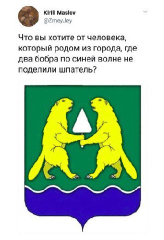 Kirill Maslov @ZmeyJey Что вы хотите от человека, который родом из города, где два бобра по синей волне не поделили шпатель?