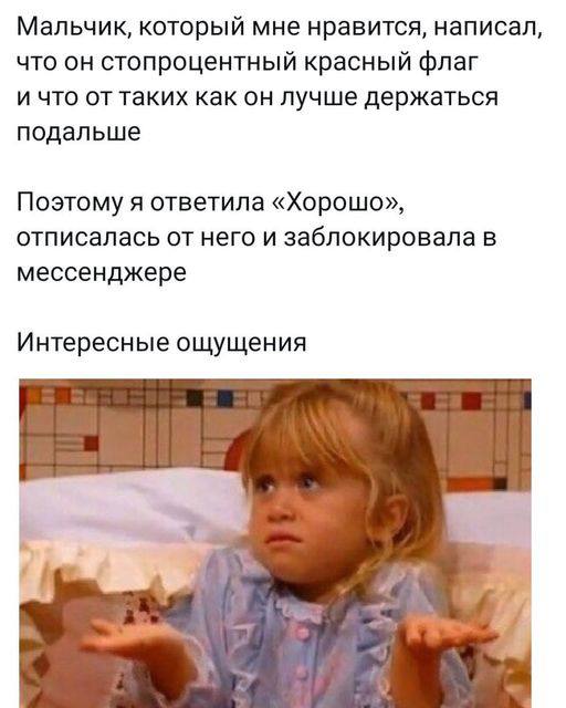 Мальчик, который мне нравится, написал, что он стопроцентный красный флаг и что от таких как он лучше держаться подальше Поэтому я ответила «Хорошо», отписалась от него и заблокировала В мессенджере И