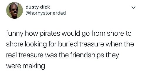 dusty dick @hornystonerdad funny how pirates would from shore to shore looking for buried treasure when the real treasure was the friendships they were making