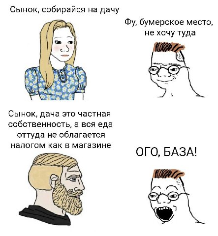 Сынок, собирайся на дачу бумерское место, не хочу туда Я Зам Сынок, дача это частная собственность, а вся еда оттуда не облагается налогом как в магазине ОГО, БАЗА! A