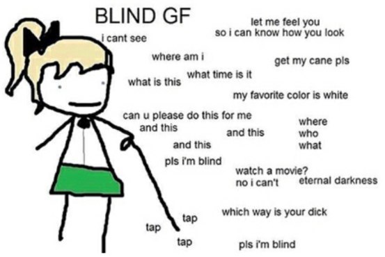 BLIND let me feel you icant see i can know how you look where ami get my cane pis what time is it what is this my favorite color is white can please this for me where and this and this who and this wh